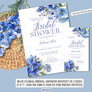 Blue Floral Bridal Shower Invitation Invite Set l Brunch E-vite Template l DIY Wedding Printable l Canva Self Edit Text/Font