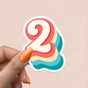 Pegatina con número 2, números de arcoíris retro, calcomanía para el segundo cumpleaños, decoración para fiesta de dos años, regalo de segundo aniversario, pegatinas de vinilo impermeables