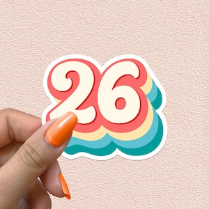 Pegatina número 26, diseño retro de arcoíris con números para 26 cumpleaños, decoración para fiestas, regalo de aniversario, pegatinas de vinilo impermeables.