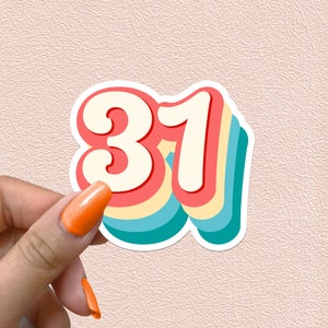 Pegatina con el número 31, diseño retro de arcoíris con números para el 31.º cumpleaños, decoración para fiestas, regalo de aniversario, pegatinas de vinilo impermeables