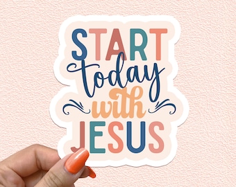 May include: A sticker with the text "START today with JESUS" in colorful letters on a light pink background.