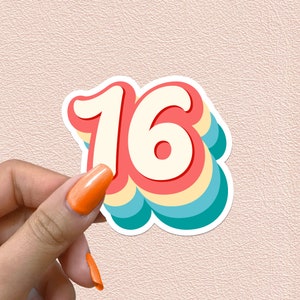 Sticker Nummer 16 Retro Regenboog Nummers 16e Verjaardag Sticker Zestien jaar Feestdecoratie Verjaardagscadeau Waterdichte vinylstickers