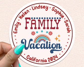May include: A white round sticker with a red border and red polka dots. The sticker says "Family Vacation" in a blue retro font with a rainbow and stars. The names Emily, Helen, Lindsey, Sophie, and Sarah are listed around the edge of the sticker. The text "California 2024" is at the bottom of the sticker.