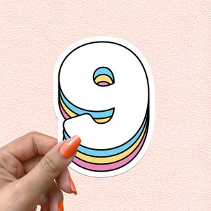 Pegatina con el número 9, números retro de arcoíris, calcomanía para el noveno cumpleaños, decoración para fiesta de noveno año, regalo de aniversario, pegatinas de vinilo impermeables