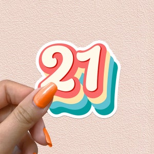 Pegatina número 21, diseño retro de arcoíris con números para 21 cumpleaños, decoración para fiestas, regalo de aniversario, pegatinas de vinilo impermeables.