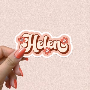 Nom personnalisé autocollant fleur hippie rétro années 70 floral groovy autocollants en vinyle imperméable cadeaux personnalisés