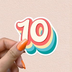 Pegatina con el número 10, diseño retro de arcoíris con números para el décimo cumpleaños, decoración para fiestas de diez años, regalo de aniversario, pegatinas de vinilo impermeables