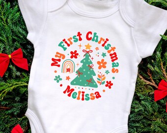 Personalized First Christmas Baby Bodysuit: Custom Name Newborn Gift