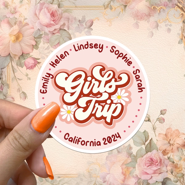 Girls Trip 2024 Custom Sticker Hippie Groovy Flower Vacation Vacay Travel Waterproof Vinyl Stickers