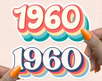 May include: Two retro-style stickers with the year 1960 in white letters with a rainbow-colored outline. The stickers are on a pink background.