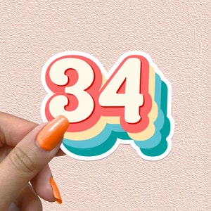 Naklejka z numerem 34 Retro Rainbow Numbers 34th Birthday Decal Year Party Decoration Rocznica Prezent Wodoodporne Naklejki Winylowe