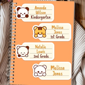 Aangepaste naam sticker label school kleuterschool eerste klas tweede klas panda tijger kat beer kawaii schattige dieren gepersonaliseerde labels