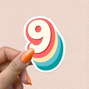 Pegatina con el número 9, números retro de arcoíris, calcomanía para el noveno cumpleaños, decoración para fiesta de noveno año, regalo de aniversario, pegatinas de vinilo impermeables