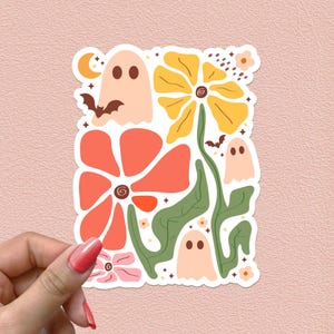 Halloween Ghost Sticker Boho Groovy Flowers Stickers Spooky Waterproof Vinyl Decal