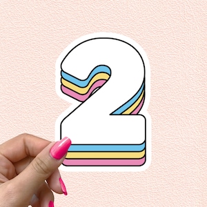 Pegatina con número 2, números de arcoíris retro, calcomanía para el segundo cumpleaños, decoración para fiesta de dos años, regalo de segundo aniversario, pegatinas de vinilo impermeables