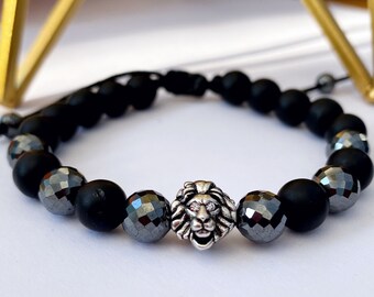 Black beaded men’s bracelet, men’s black bracelet, Lion bracelet, silver lion bracelets, gift for him, gift for her, Onix men’s bracelet