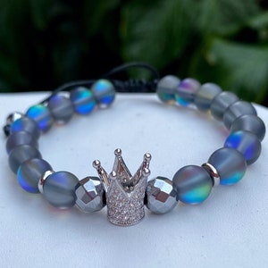 Unisex bracelet, rainbow moonstone bracelet, blue zirconias bracelet, fashion bracelet for him, fashion bracelet for her, crown bracelet