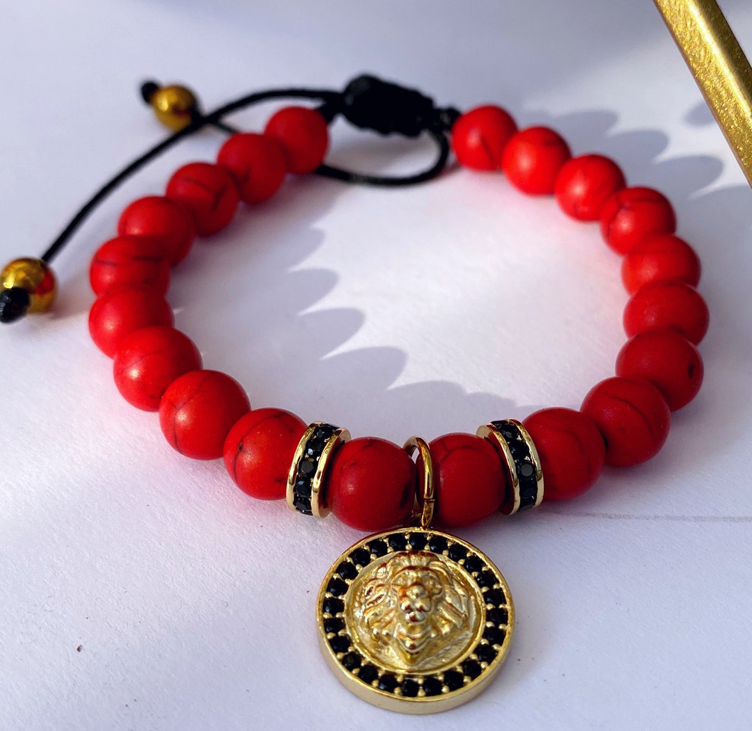 Red Beaded Bracelet Mens Beaded Bracelet Lion Bracelet Etsy