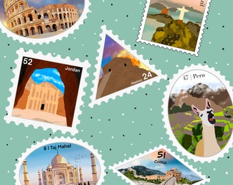 May include: A collage of colorful stamps featuring famous landmarks from around the world. The stamps include the Colosseum in Rome, the Taj Mahal in India, the Great Wall of China, Christ the Redeemer in Rio de Janeiro, the Petra Treasury in Jordan, the Pyramid of the Sun in Mexico, and Machu Picchu in Peru.