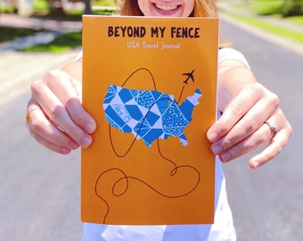 Diario de viaje de EE. UU. / Beyond My Fence / Libro de viaje con indicaciones y actividades / Diario de viaje / Cuaderno de viaje por carretera por los 50 estados con mapa / Vacaciones