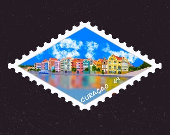Curacao Travel Stamp Sticker | Willemstad, Dutch Caribbean, Queen Emma Bridge | Vacation Destination Decal | Suitcase, Laptop Scrapbook