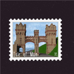 Reisstempel sticker eiland Man | Douglas, Manx Museum, Ierse Zee, Britse kroon | Koffer, laptop, plakboek