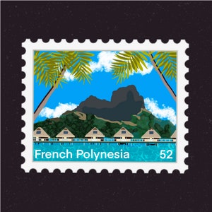 Peut inclure: Un timbre-poste vintage avec une illustration bleue, verte et blanche d'un paysage d'île tropicale. Le timbre représente une chaîne de montagnes, des palmiers et des bungalows sur pilotis. Le texte "French Polynesia" et "52" est imprimé sur le timbre.