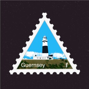 May include: A white triangular stamp with a black and white lighthouse on a blue background. The stamp says "Guernsey" and "8" in the bottom corners.