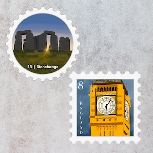 United Kingdom Travel Briefmarken Aufkleber | England, Big Ben Uhrenturm, Stonehenge | Urlaubs-Aufkleber | Koffer, Laptop, Sammelalbum