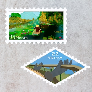 Vietnam Travel Stamp Sticker | The Golden, Hand Bridge, Cajuput Forest, Kayak | Destination & Vacation Decal | Suitcase, Laptop, Scrapbook