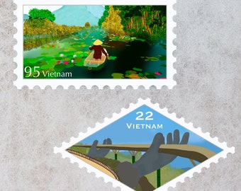 Vietnam Travel Stamp Sticker | The Golden, Hand Bridge, Cajuput Forest, Kayak | Destination & Vacation Decal | Suitcase, Laptop, Scrapbook