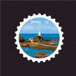 Jersey Travel Stamp Sticker | Saint Helier, Channel Islands, La Corbiere Lighthouse, Jersey War Tunnels | Suitcase, Laptop, Scrapbook