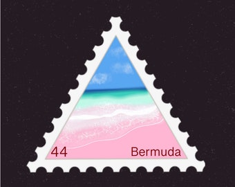 May include: A triangular stamp with a pink beach scene and blue sky. The stamp says "44" and "Bermuda" in red.