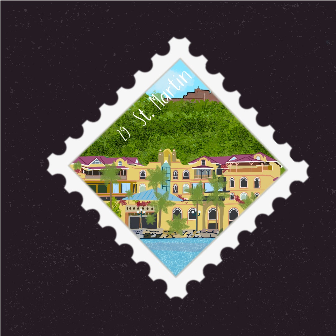 St. Martin Travel Stamp Sticker | Maho Beach, northern French Side, Leeward Is.  | Destination Vacation Decal | Suitcase, Laptop, Scrapbook