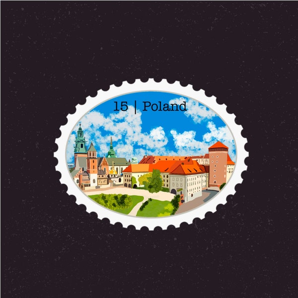 Poland Travel Stamp Sticker | Historic Center of Krakow, Wawel Castle & Cathedral | Destination Vacation Decal |Suitcase, Laptop, Scrapbook