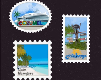 Mexico Travel Stamp Sticker | Cozumel, Costa Maya, Port of Call, Isla Mujeres | Vacation | Suitcase, Laptop, Journal