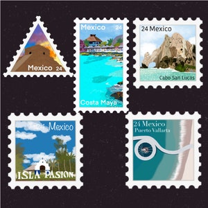 Mexico Travel Stamp Sticker | Chichen Itza, Cabo San Lucas, Costa Maya, Isla Pasion, Puerto Vallarta | Vacation | Suitcase, Laptop, Journal