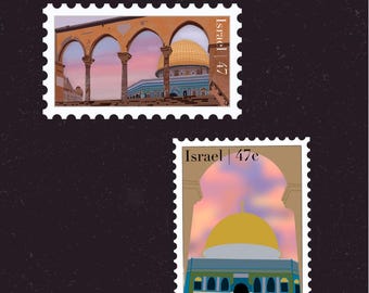 Israel Travel Stamp Sticker | Jerusalem Synagogue | The Dome of the Rock Temple |Destination & Vacation Decal | Suitcase, Laptop, Scrapbook