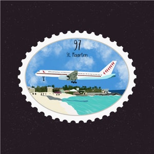 Autocollant pour timbre de voyage de Saint-Martin de Zazzle.be Liste d'envies Vous avez des idées ? Sint Martin, plage de Maho, plage d'observation des avions | Sticker destination vacances | valise, ordinateur portable, album de coupures