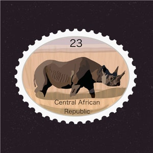 May include: A postage stamp featuring a black rhinoceros with the text "23" and "Central African Republic" printed on it.