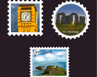Sticker reisstempel Verenigd Koninkrijk Verenigd Koninkrijk | Engeland, Big Ben, Stonehenge, Lundy| Sticker bestemming en vakantie | Koffer, laptop, plakboek