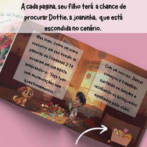 a cada pagina, seu filho tera a chance de procurar Dottie, a joaninha, que esta escondida no cenario