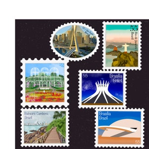 Paquete de pegatinas con sellos de viaje a Brasil: Brasilia, Río, Curitiba, São Paulo, Columbia Británica, calcomanías de destino y vacaciones, maletas, computadoras portátiles y álbumes de recortes