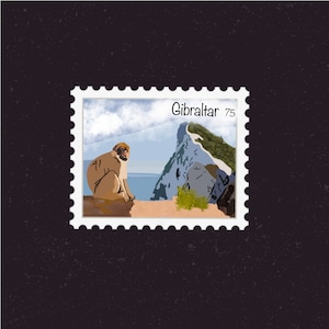 May include: A postage stamp with a blue sky, white clouds, a rocky cliff, and a brown monkey sitting on a ledge. The stamp says "Gibraltar 75".
