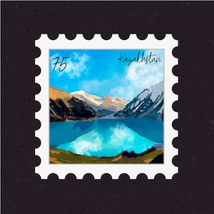 Può includere: Un francobollo con una scena di un lago di montagna blu e bianco. Il francobollo è etichettato con "75" e "Kazakistan".