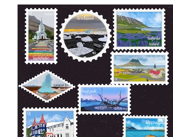 May include: A collection of nine colorful postage stamps featuring various Icelandic landmarks, including a church, a glacier, a mountain range, a geyser, a Viking ship, a town, and a coastline. Each stamp has the word "Iceland" and a number "91" printed on it.