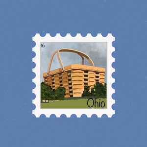 May include: A vintage-style postage stamp with a brown wicker basket building and the word "Ohio" printed on it. The stamp has a white border with a scalloped edge and the number "16" printed in the top left corner.