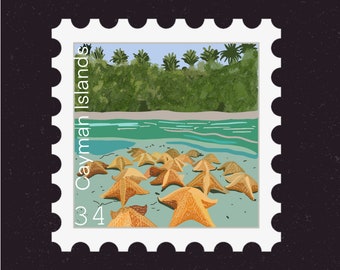 Sello de viaje de las Islas Caimán / Caribe, Gran Caimán, Starfish Point, Water Cay, Seven Mile / Destino y calcomanía de vacaciones / Maleta