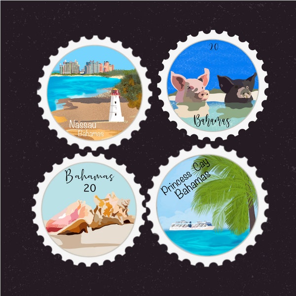 Bahamas Travel Stamp Sticker | Exuma, Pig Beach, Great Stirrup Cay, Nassau | Vacation & Destination Decal | Suitcase, Laptop, Scrapbook