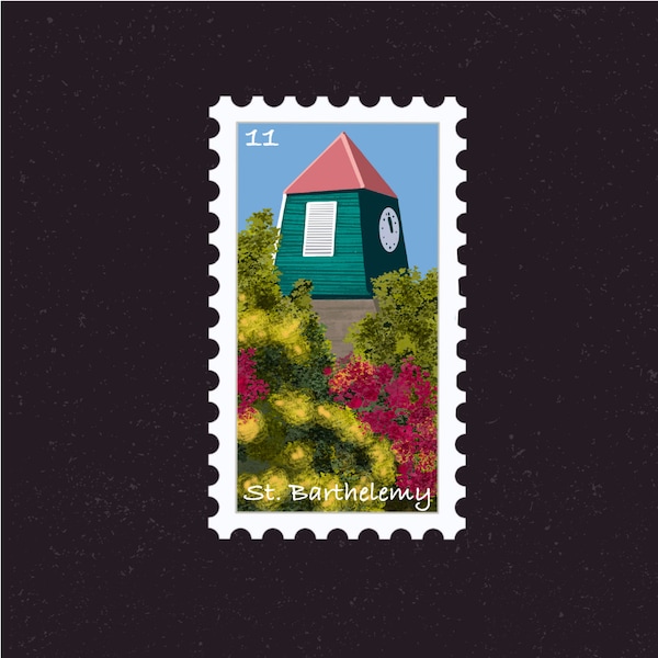 St. Barths Travel Stamp Sticker | St. Barthelemy, Swedish Clock Tower Gustavia,  | Destination Vacation Decal | Suitcase, Laptop, Scrapbook